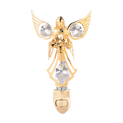 24k Gold Plated Guardian Angel w/Flowers Night Light w/Clear Swarovski Crystals