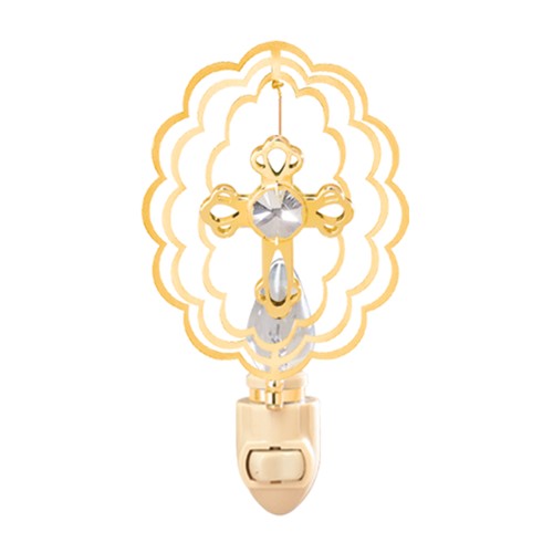 24k Gold Plated Cross in Oval Night Light w/Clear Swarovski Element Crystal