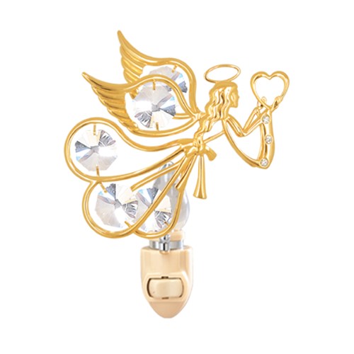 24k Gold Plated Flying Angel w/Heart Night Light/Clear Swarovski Element Crystal