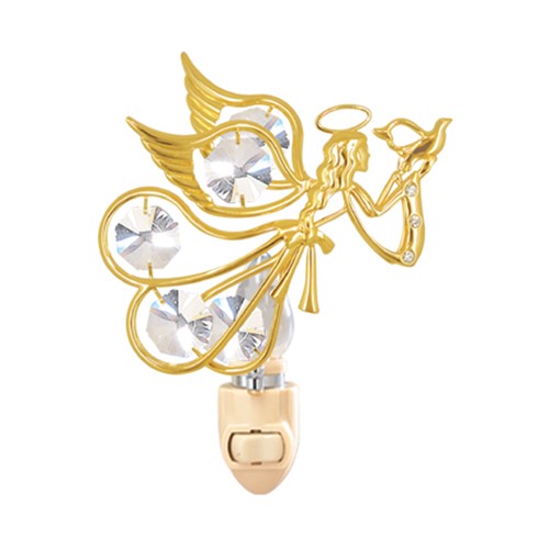 24k Gold Plated Flying Angel w/Dove Night Light/Clear Swarovski Element Crystal