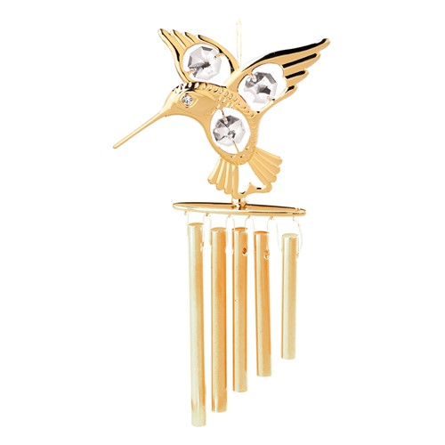 24k Gold Plated Hummingbird Wind Chimes w/Clear Swarovski Element Crystal