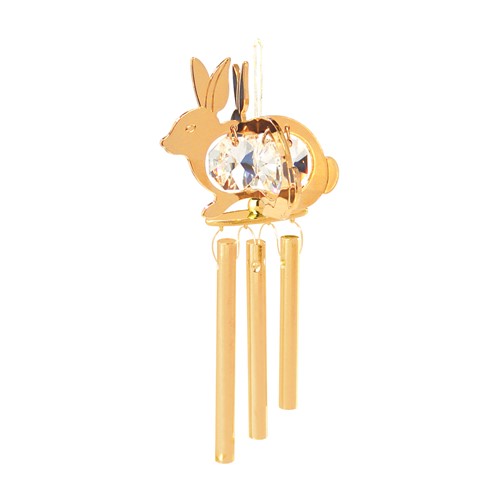 24K Gold Plated Rabbit Twins Wind Chimes W/4 Clear Swarovski | Mascot USA