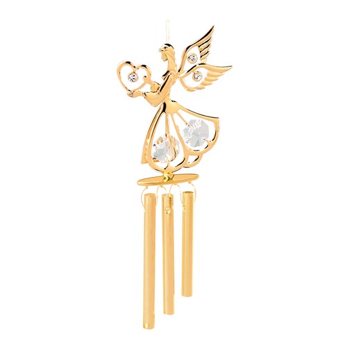 24k Gold Plated Angel w/Heart Wind Chimes w/Clear Swarovski Element Crystal