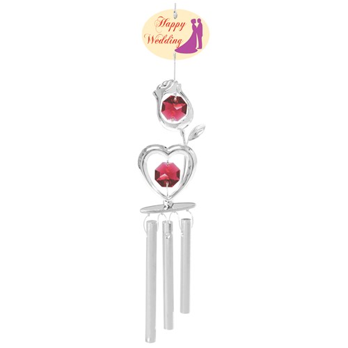 Chrome Rose/Heart Wind Chime w/ "Happy Wedding" w/ Swarovski Element Crystal