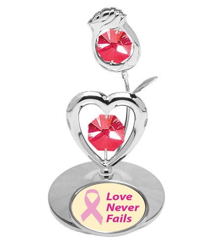 Chrome Rose/Heart On Stand W/Logo"Love Never Fails" W/ Swarovski | Mascot USA