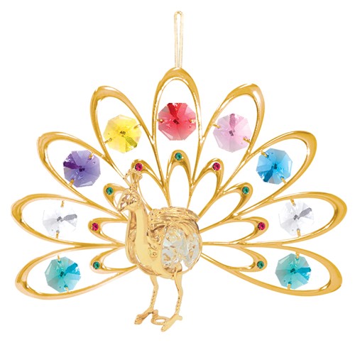 24K Gold Plated Deluxe Peacock Ornament W/Mixed Swarovski | Mascot USA