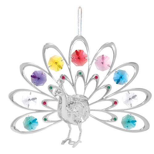Chrome Plated Deluxe Peacock Ornament W/Mixed Swarovski | Mascot USA