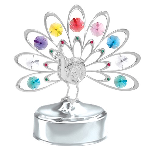 Chrome Plated Deluxe Peacock Music Box W/Mixed Swarovski | Mascot USA