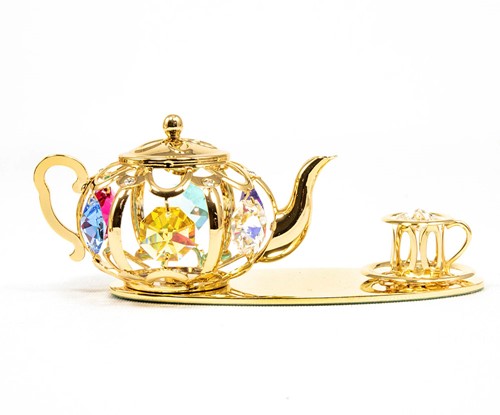 Gold Plated Tea Pot & Cup on Oval Stand made with Color Crystals from Swarovski
