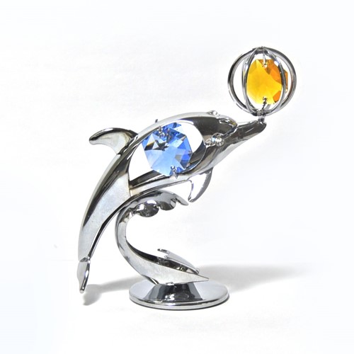 Chrome Plated Dolphin Ornament w/ Blue Swarovski | Mascot USA