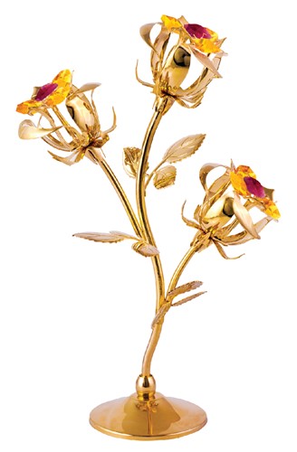 Gold Plated 3 Roses Tabletop Free Standings W/ Swarovski | Mascot USA