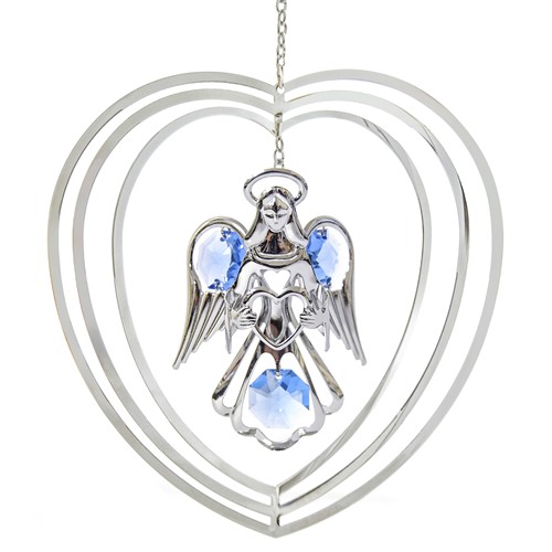 CHROME PLATED ANGEL W/HEART HEART SHAPE ORNAMENT W/GREEN SWAROVSKI CRYSTAL