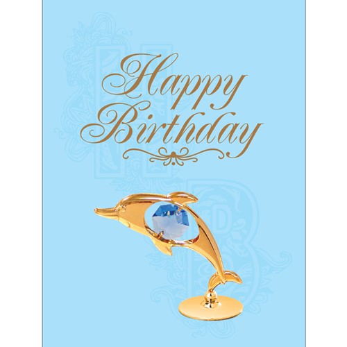 Happy Birthday Card and Dolphin with Blue Swarovski Crystal| Mascot USA