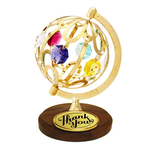 24k Gold Spinning Globe Desktop Figurine w/Logo "Thank You"/Mixed Swarovski Crystal | Mascot USA