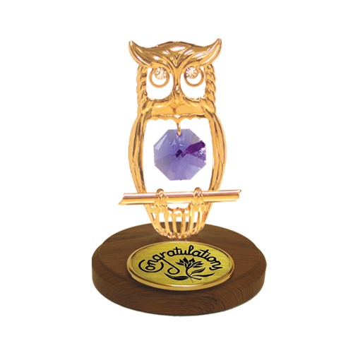 24k Gold Plated Owl Desktop Figurine w/Logo"congratulation" w/ Swarovski Crystal | Mascot USA
