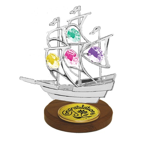 Chrome Plated Sail Boat Desktop Figurine w/ Logo"Congratulation" w/ Swarovski Crystal | Mascot USA