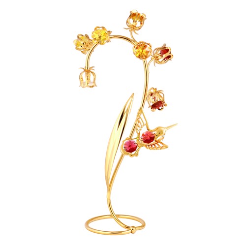 24K Gold Plated Bluebells S-Shaped Stand Free Standing  w/ Hummingbird Magnet and Swarovski Crystal