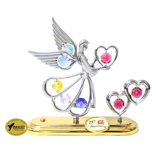 Chrome Plated Angel w/ Twin Hearts w/Logo Tabletop Ornament w/Swarovski Crystal | Mascot USA