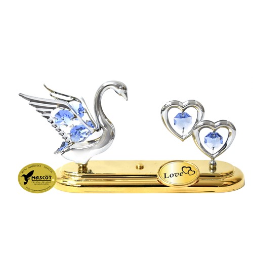 Chrome Plated Swan w/Twin Hearts w/Logo Tabletop Ornament w/Swarovski Crystal | Mascot USA