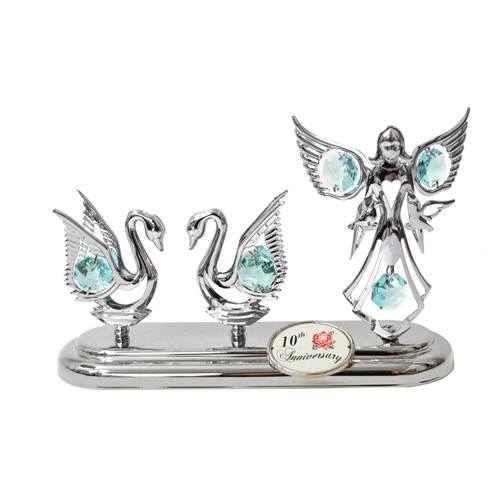 Chrome Plated Swans w/ Angel w/Logo Tabletop Ornament w/Swarovski Crystal | Mascot USA