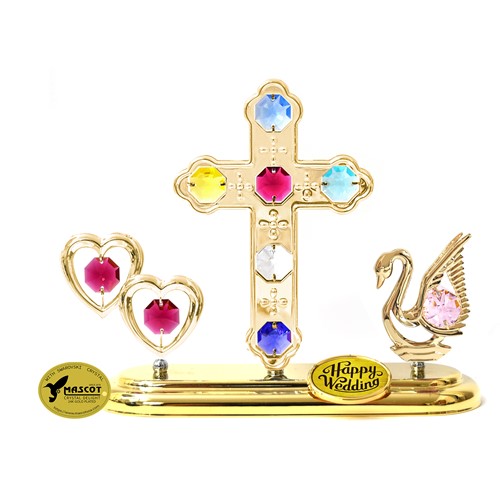 Gold Plated Twin Hearts/Cross/Swan w/Logo Tabletop Ornament w/Swarovski Crystal| Mascot USA