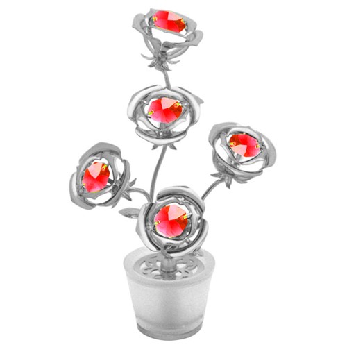 Five Mini Roses Blossom Glass Pot Chrome Ornament w/ red Swarovski Crystals | Mascot USA