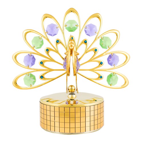 GOLD FAN-OUT PEACOCK - MIRROR MUSIC BOX W/Swarovski Crystals