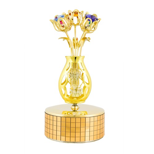 GOLD FIVE ROSES IN CRYSTAL VASE - MIRROR MUSIC BOX