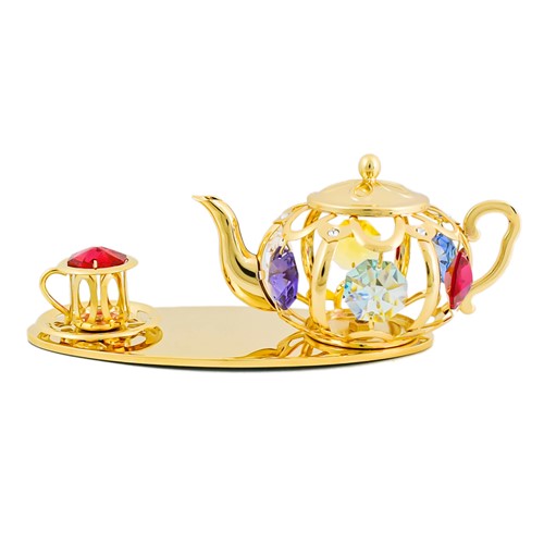 Gold Plated Teapot w/ Teacup on Base with Swarovski Crystals Mixed Color