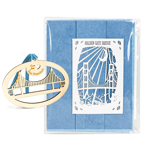White Golden Gate Bridge Card w/ Fiber Note Paper and Wooden Bookmark