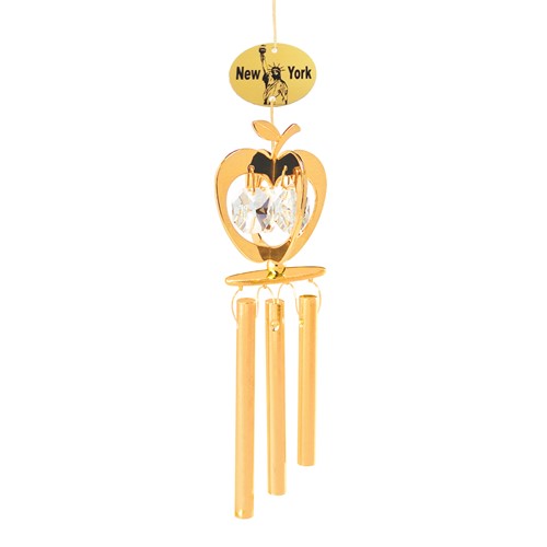 24k Gold Plated Apple Twins Wind Chime, New York Logo 4 Clear Swarovski Crystals