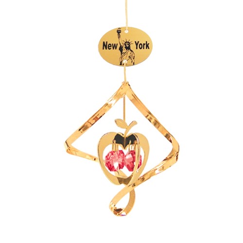 24k Gold Plated Apple Large Spiral w/ New York Logo w/ Red Swarovski Crystals