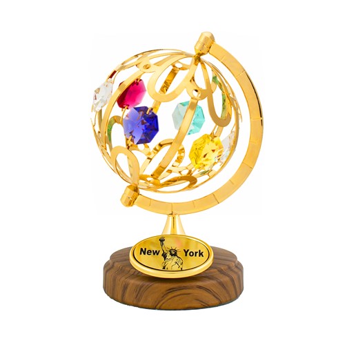 Gold Spinning Globe Desktop Figurine w/ Logo "New York" Mixed Swarovski Crystals