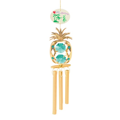 24k Gold Plated Pineapple Wind Chime "Love from Hawaii" Green Swarovski Crystals
