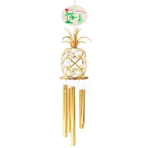 Gold Plated Pineapple Wind Chime "Love from Hawaii" w/ Clear Swarovski Crystal