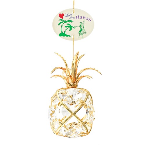 24k Gold Plated Pineapple Ornament "Love from Hawaii" Clear Swarovski Crystals