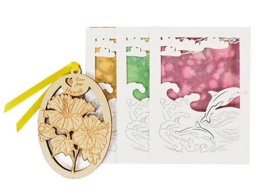 (Set of 3) Dolphin Laser Cut Cards w/ Xuan Paper, Wood Bookmark, Envelope-Medium