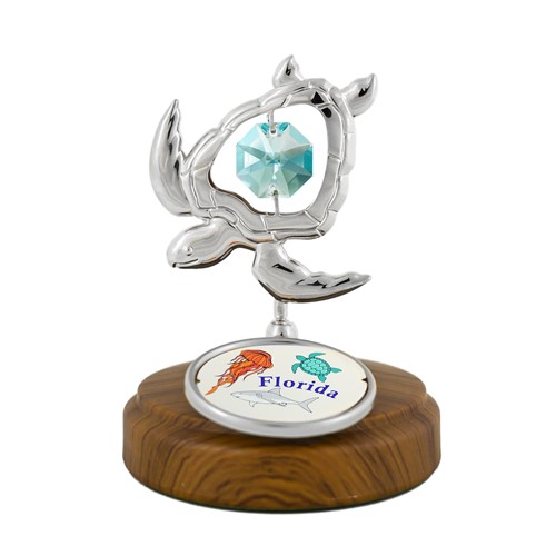 Chrome Plated Sea Turtle "Florida" Logo Graphic w/ Green Swarovski Crystal