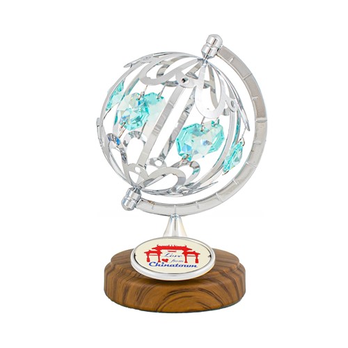 Chrome Spinning Globe w/ Logo "Love from Chinatown" Green Swarovski Crystals