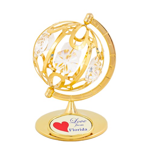 24k Gold Plated Large Spinning Globe "Love from Florida" Clear Swarovski Crystal