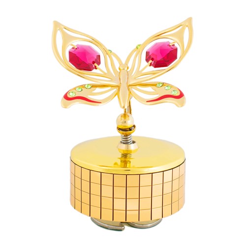 Red Orchid Butterfly Mirror Music Box w/ Swarovski Crystals