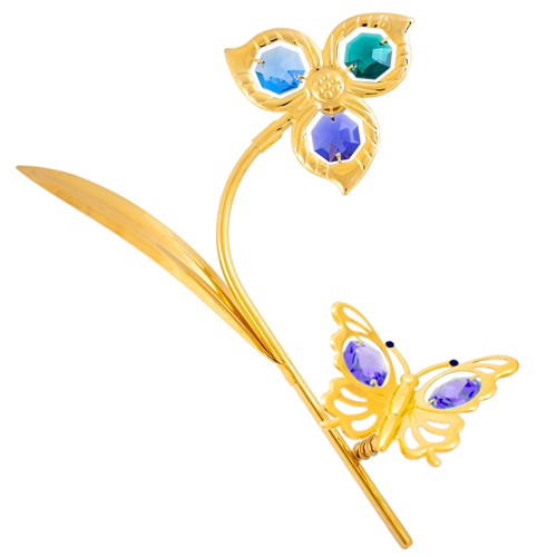 24k Gold-Plated Butterfly on Flower Branch Magnet, Swarovski Crystals (3 Colors)