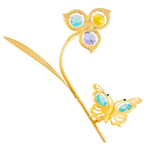 24k Gold-Plated Butterfly on Flower Branch Magnet, Swarovski Crystals (3 Colors)