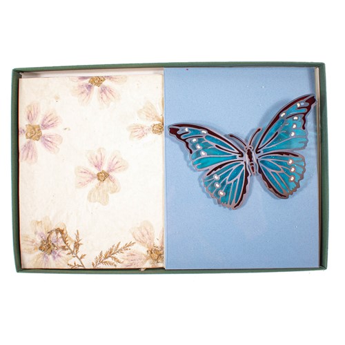 Gift Box, Epoxy Butterfly Magnet, 5 Natural Flower Paper Cards, 5 Envelopes