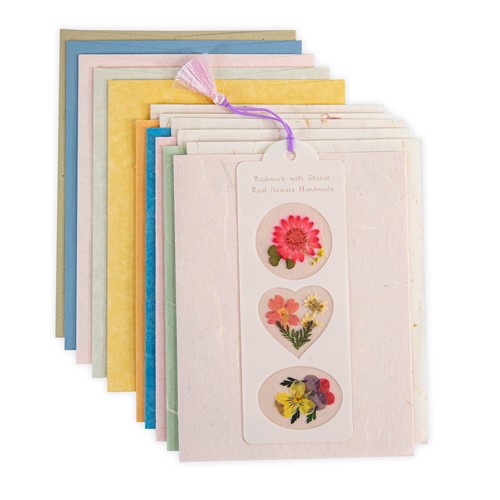 Flower Bookmark, 5 Fiber Xuan Paper Cards, 5 Small Petal Inserts, Envelopes