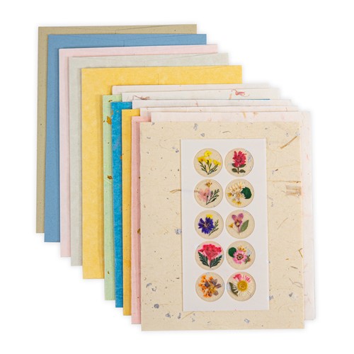 Flower Stickers, 5 Gold Speck Xuan Paper Cards, 5 Small Petal Inserts, Envelopes