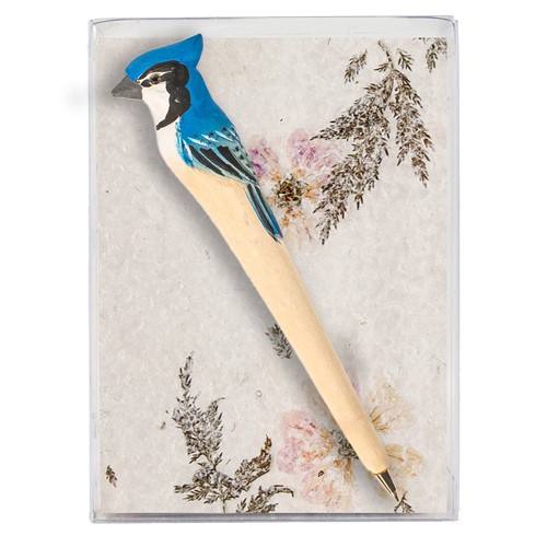 Gift Box w/ Blue Jay Wooden Pen, 5 Flower Paper Cards, Petal Inserts, Envelopes