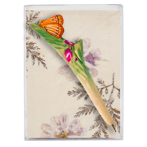 Gift Box w/ Butterfly Wooden Pen, 5 Flower Paper Cards, Petal Inserts, Envelopes