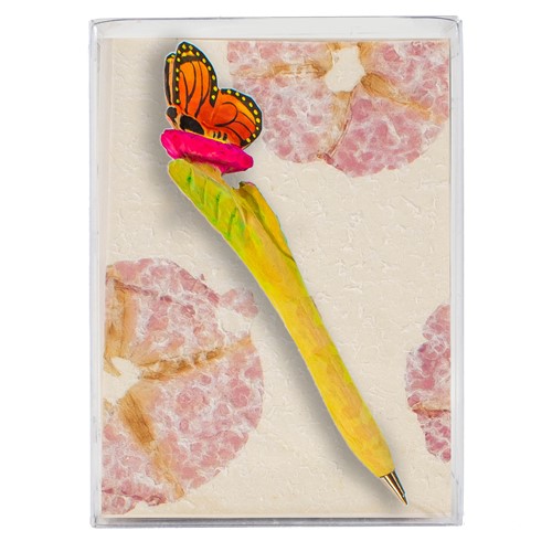 Gift Box w/ Monarch Butterfly Wooden Pen, 5 Flower Paper Cards, Petal Inserts, Envelopes