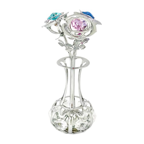 Chrome Plated 3 Roses In Vase Free Standing W/ Swarovski | Mascot USA